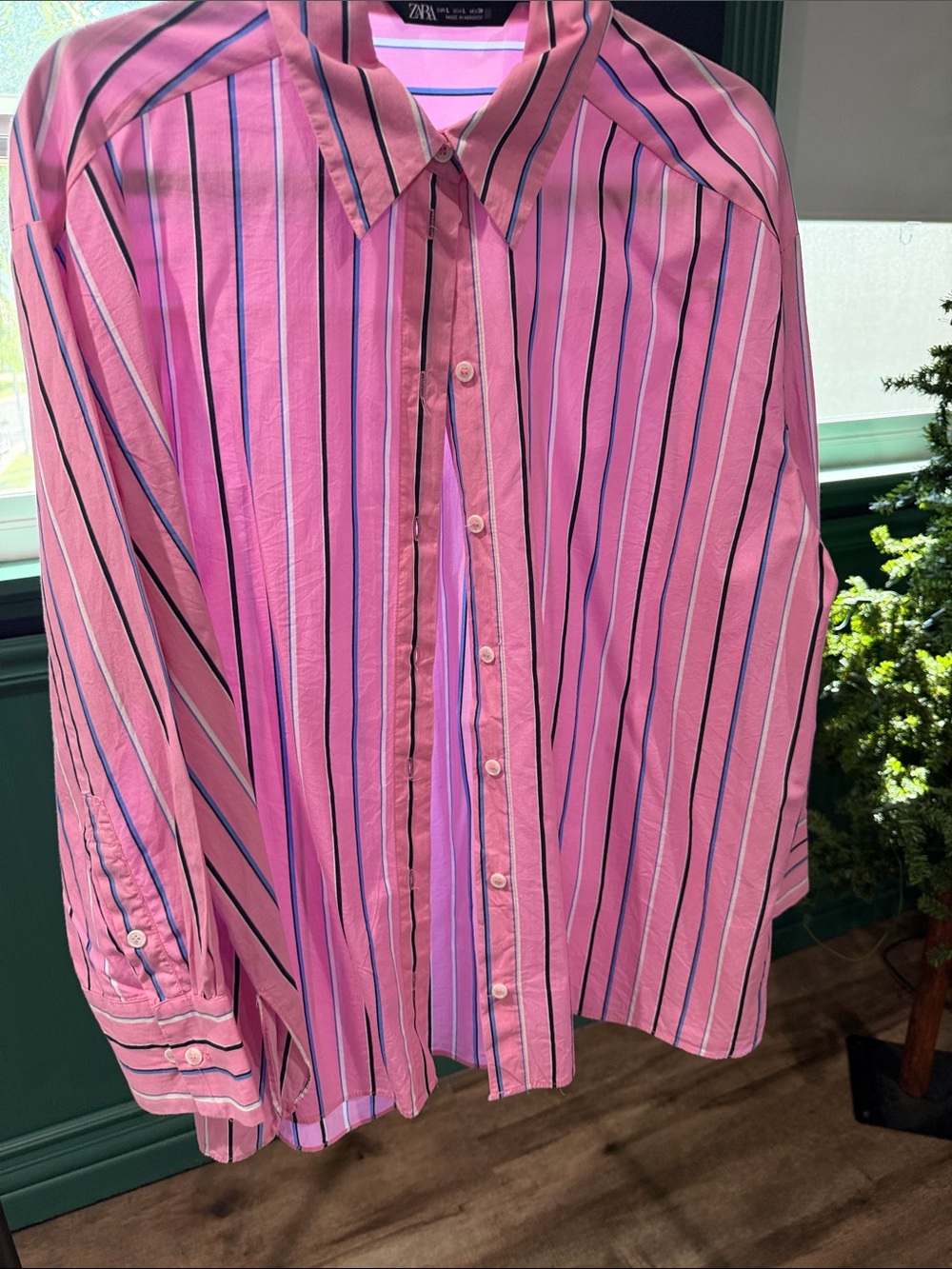 Zara Pink Button-Up Shirt with Navy & White Stripes
